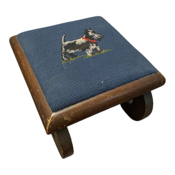 Vintage/Antique Small Footstool Embroidered Scottish Terrier Dog Blue Cottage